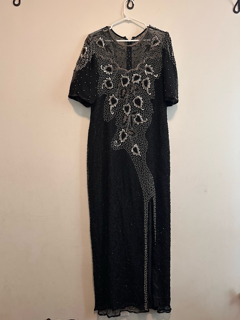 Vintage Black Beaded Evening Dress with Sheer Yoke, Silk Size Large